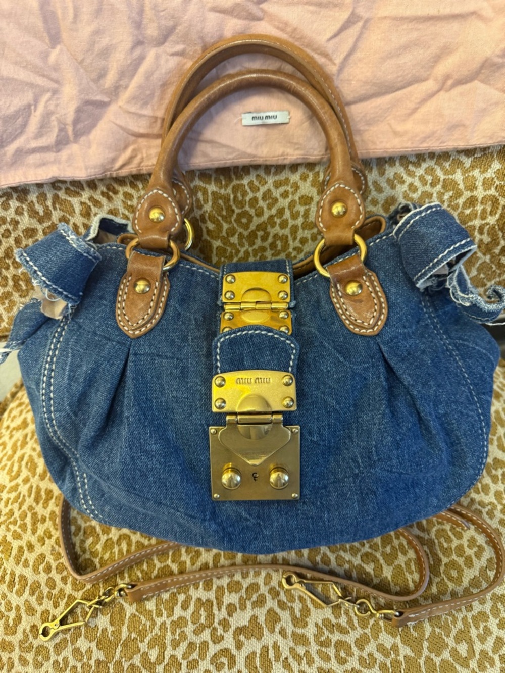 💯Auth! SUPER RARE!!! MIU MIU Denim Satchel/Crossbody BOW Bag with Gold Hardware